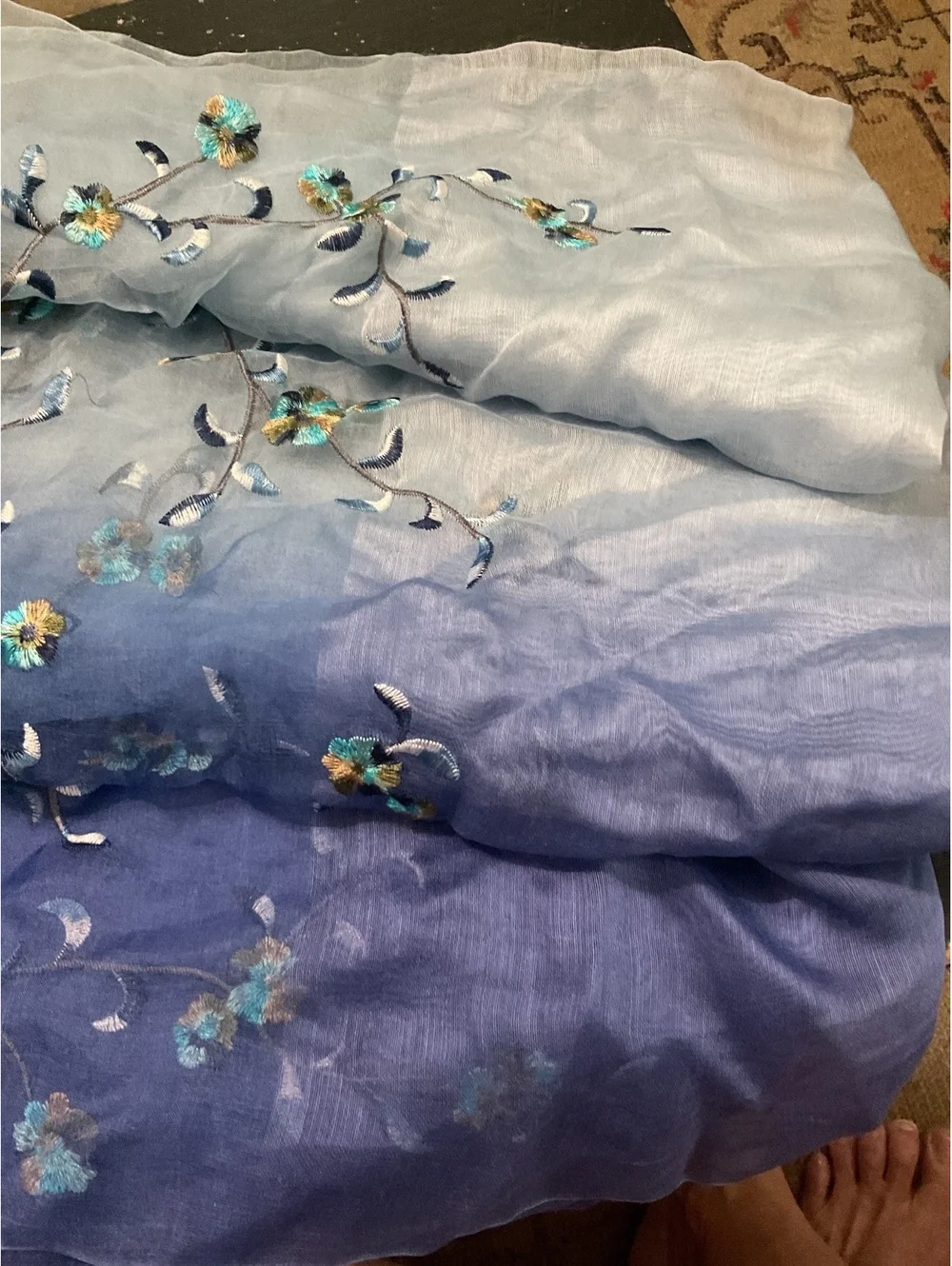 Light Blue to Navy Ombre Sheer Scarf/ Shawl with Floral Embroidery